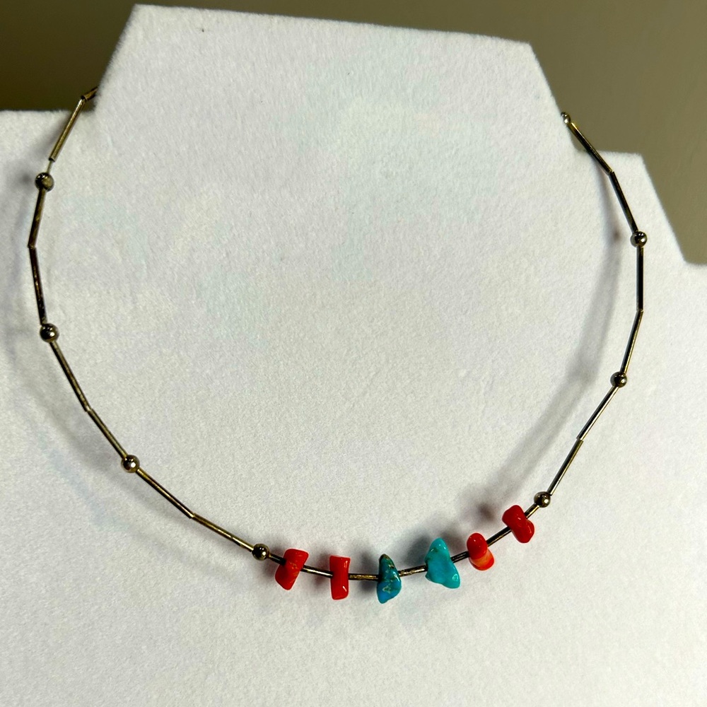 Native Handmade Turquoise and Coral Sterling Silver Necklace